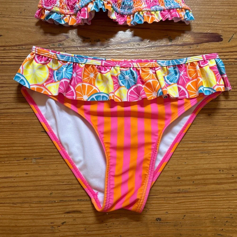 Betsey Johnson Swimsuit Kids‎ Pink Citrus Fruit Smocked Ruffle Bikini SIZE 14 - Picture 2 of 7